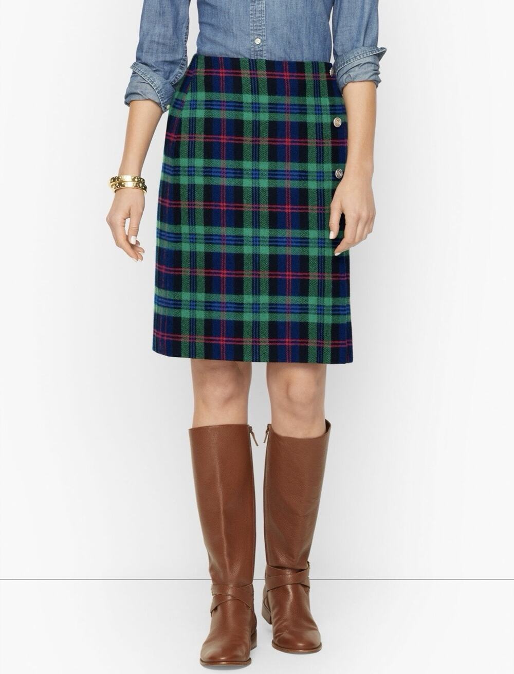 Talbots Plaid Tweed A-Line Lined Skirt Button Closure Green Blue Red Size 16